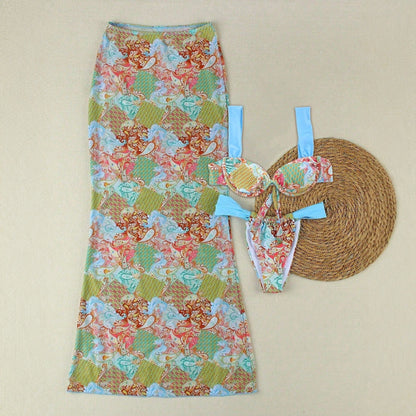 Spring Sexy Hot Girl Color Block Print Strappy Top High Waist Skirt Three Piece Set