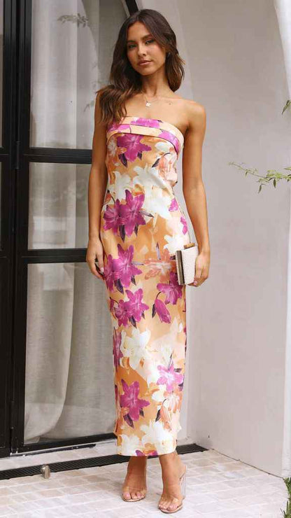 Satin Halter Backless Slit Midi Dress - Print High Neck Elastic Waist Wedding Guest Dress
