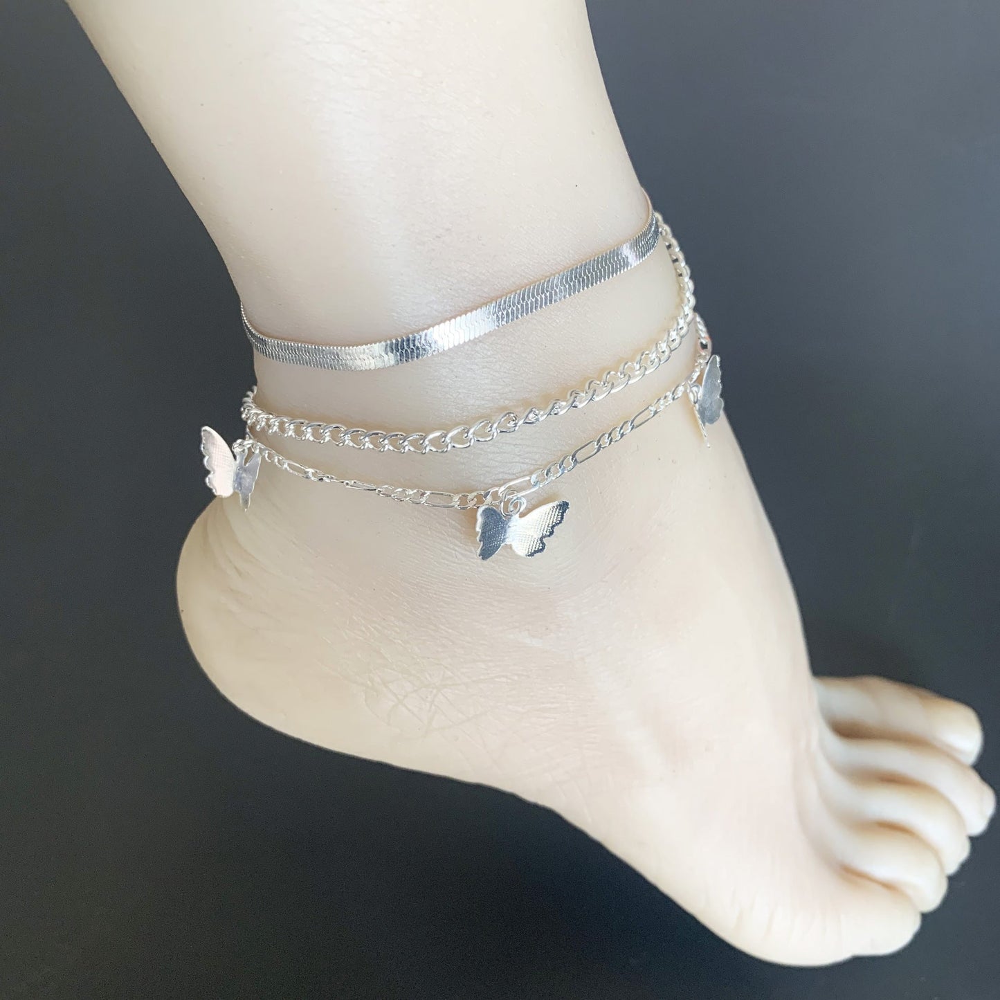Figaro Chain Geometric Anklet Women Butterfly Tassel Multilayer Foot Chain