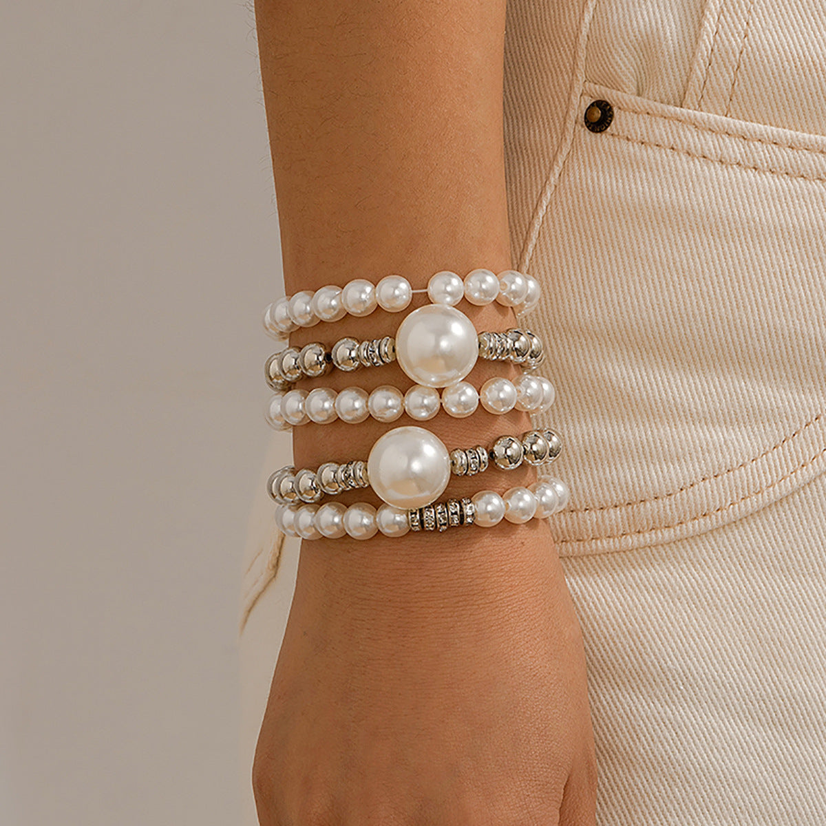 Exaggerated Pearl Stack Bracelet Set