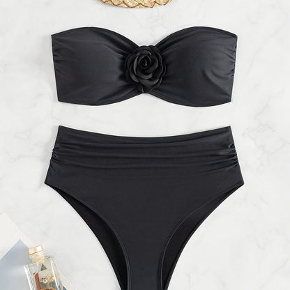 Women's Black Floral Two Piece Swimsuit Sexy High Waist Bikini Set