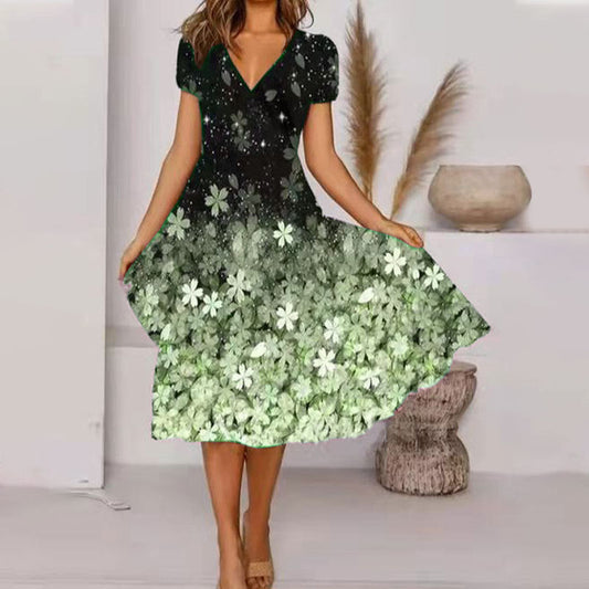 V Neck Bohemian Print Short Sleeve Dress - Flowy Casual Summer Dress with Elastic Waist