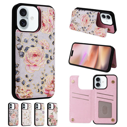 Phone Wallet For Apple 16 painted double buckle four-insert card wallet case 16pro max all-inclusive anti-drop case protective cover