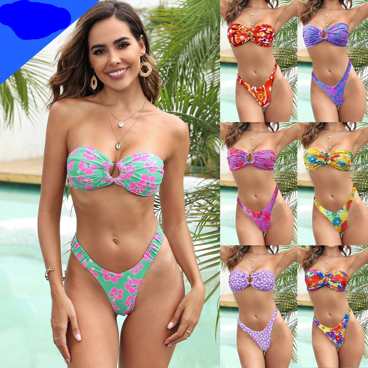 Tube Top Pumping Pleated Bikini Female Sexy Halter High Waist Thickened Split Swimsuit Swim Mod Ditsy Bandeau Bikini Swimsuit