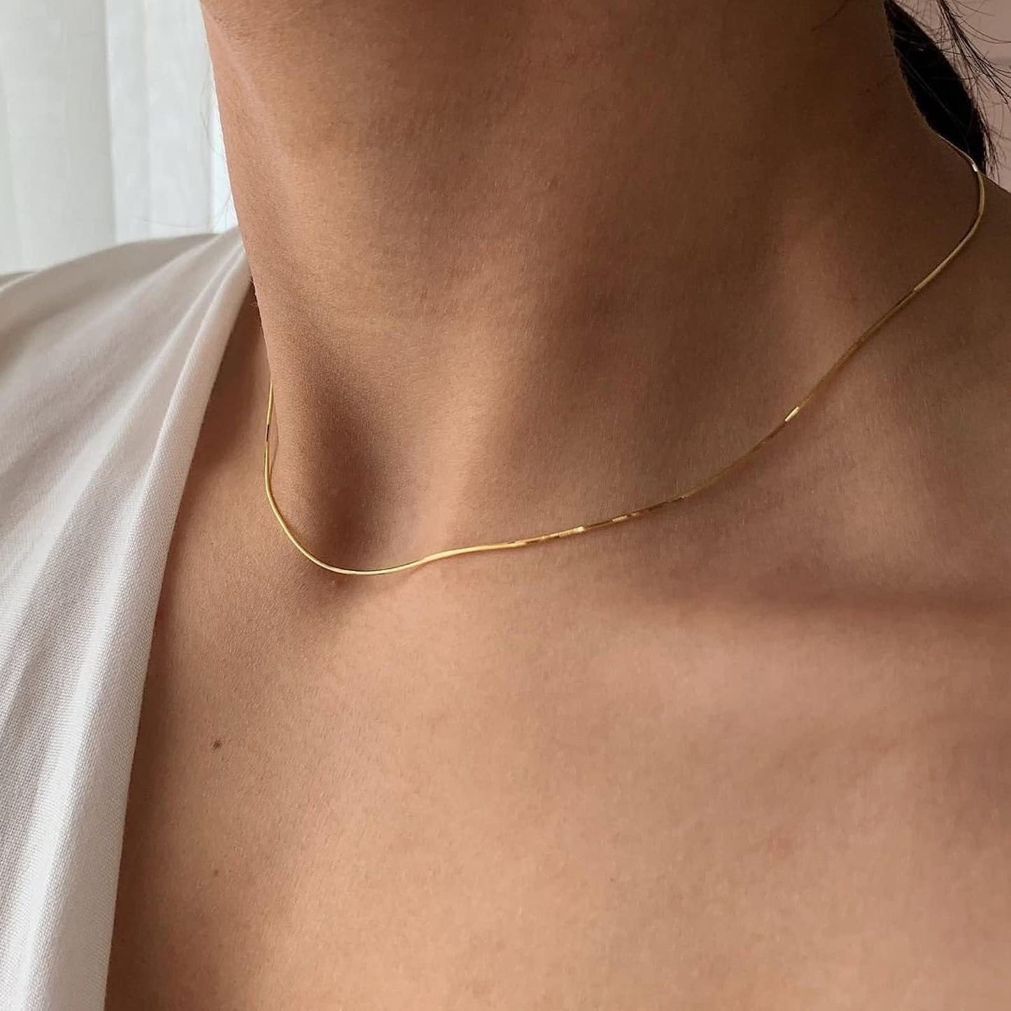 14K Gold Plated Herringbone Choker Necklace - Dainty Thin Snake Chain Layered Jewelry for Women