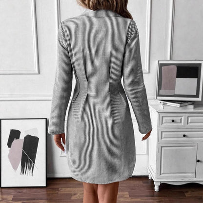 Spring and Autumn Striped Casual Temperament Elegant Lapel Waist Long Sleeve Blouse Skirt