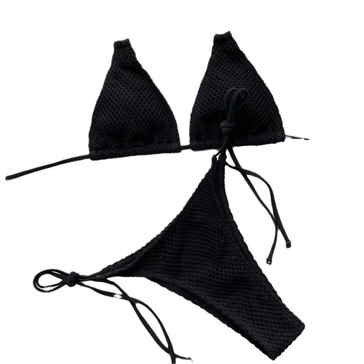 Mesh Fabric Solid Color Split Bikini Swimsuit, Stylish Sexy Beach Hot Spring Resort Swimsuit Swim Hollow Out Halter Bikini Swimsuit
