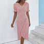 Slim-fit Women's Geometric Collage Bubble Sleeves Irregular hem Dress Sub Female Split Dress Summer Floral dress