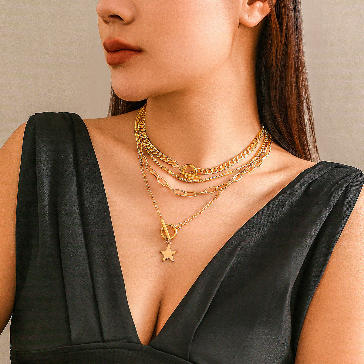Three Layers Chain Multi Necklaces With Star Pendant