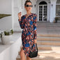 Printed V-Neck Long Sleeve Side-Slit Tie-Front Dress – Wrap-Style Maxi Gown