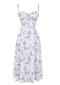 Sleeveless Strapless Bandage Corset Dress - Floral Print Long Midi Dress with Lace Up Back & Thigh Slit