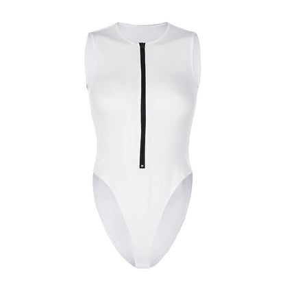 Summer Zipper Crew Neck Sleeveless Fashion Sexy Solid Color Versatile Cool Bodysuit Women's Top