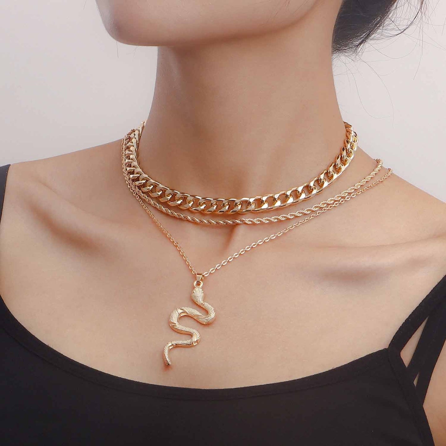 Vintage Cuban Chain Multi Layered Snake Pendant Necklace