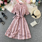 Hollow-Out Elegant Mandarin Collar Dress – Long Sleeve Lace Midi, Short Sleeve Button-Front Tie-Waist Gown