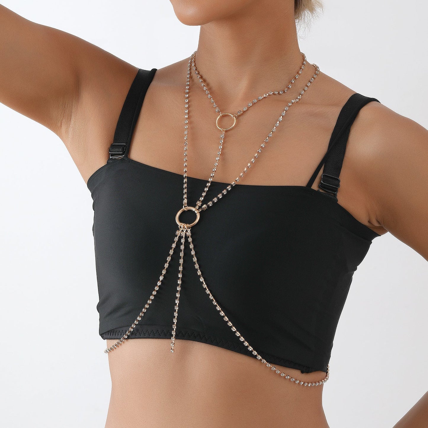 Women Rhinestone Long Necklace Breast Chain