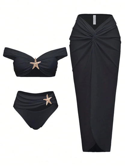 Starfish Three Piece Split Swimsuit Women's Bikini with Long Skirt