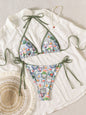 Hemming contrasting print strap sexy bikini split swimsuit Batwing Short Sleeve Shirt W Plants Print