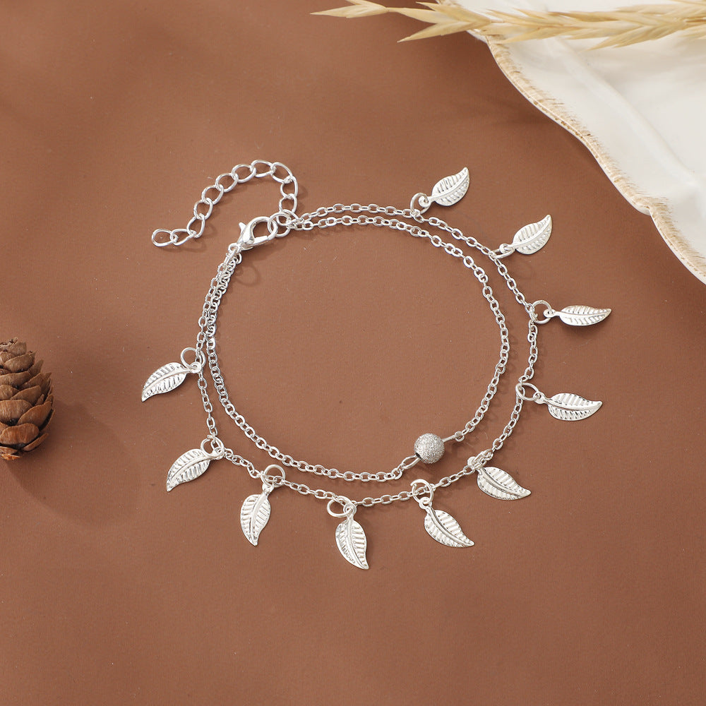 Beach Leaf Shape Layered Tassel Foot Chain