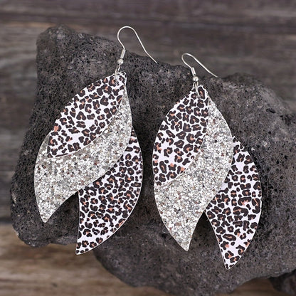 Bohemian Geometric Drop Earrings - Lightweight Faux Leather Leaf Design with Double-Sided Color & Triple Tassel Fringe