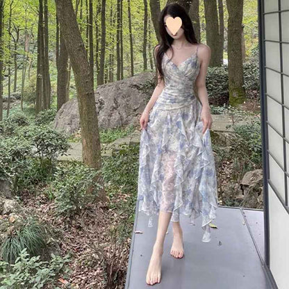 Floral Print High Waist Fairy Dress with Lotus Edge Ruffles