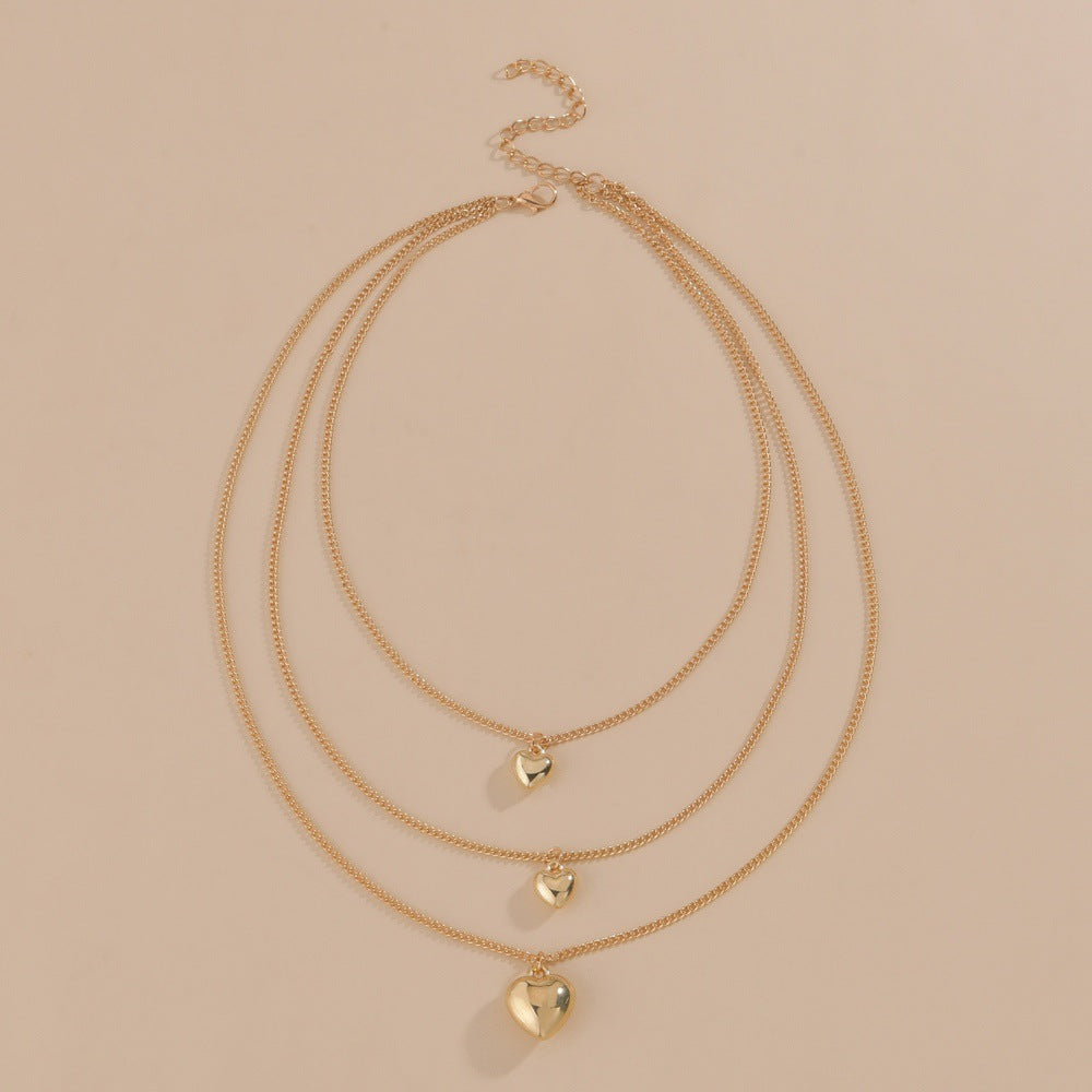 Multi Layers Chain Necklace Metallic Color Heart Pendant