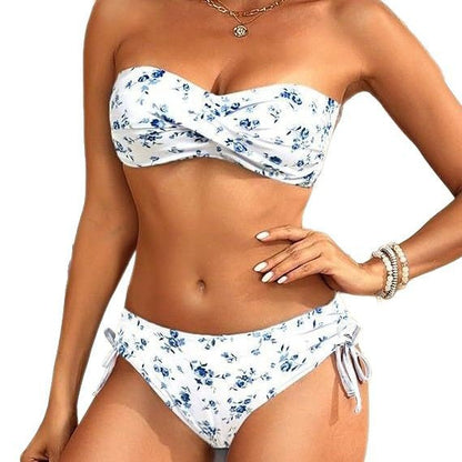 Tube top screw bag floral swimming split bikini