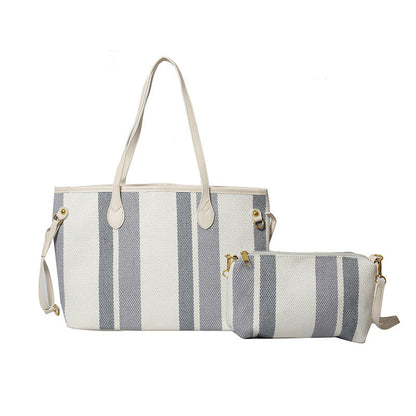Canvas Striped Letter Print Tote – Large Shoulder & Crossbody Bag, Trendy Versatile Shopper