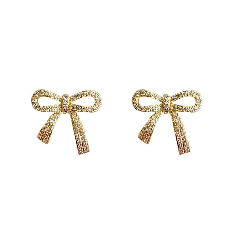 Classic Full Rhinestone Ribbon Bowknot Stud Earrings