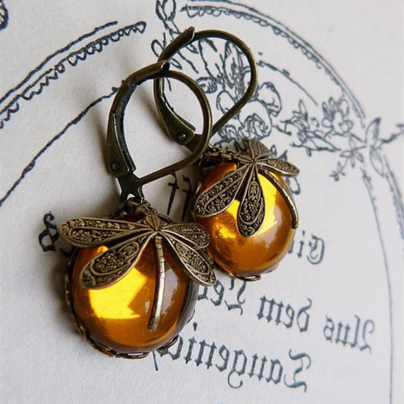 Fashion Jewelry Vintage Dragonfly Pattern Earrings Distressed Moonstone