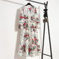 Spring and Autumn floral chiffon dress waist thin long sleeve round neck long printed skirt