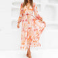 Bohemian female Long Lantern Sleeves Dress-Boho deep V printing high waist casual dress for women