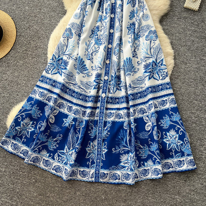 Blue Willow V-Neck Sleeveless Dress – Summer A-Line Maxi, Elegant Mandarin-Inspired Print