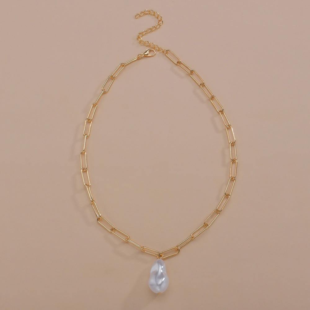 Paper Clip Chain Necklace Baroque Large Pearl Pendant