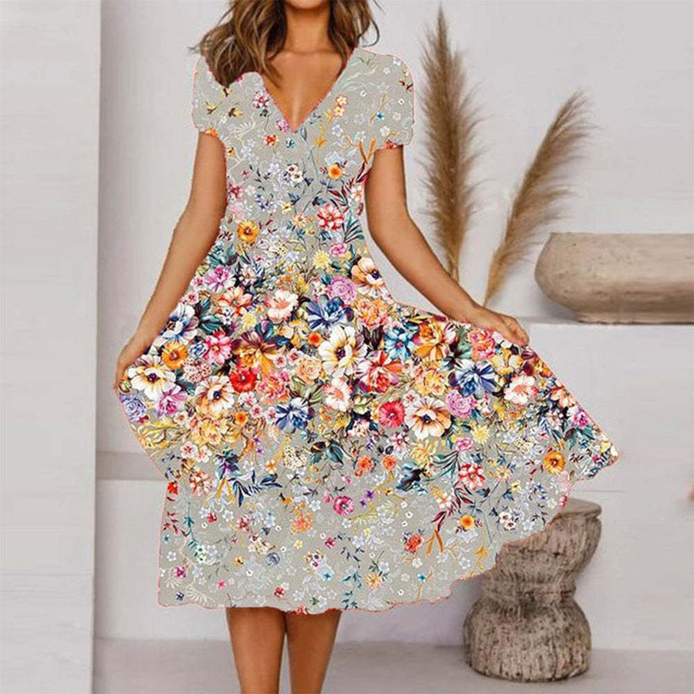 V Neck Bohemian Print Short Sleeve Dress - Flowy Casual Summer Dress with Elastic Waist