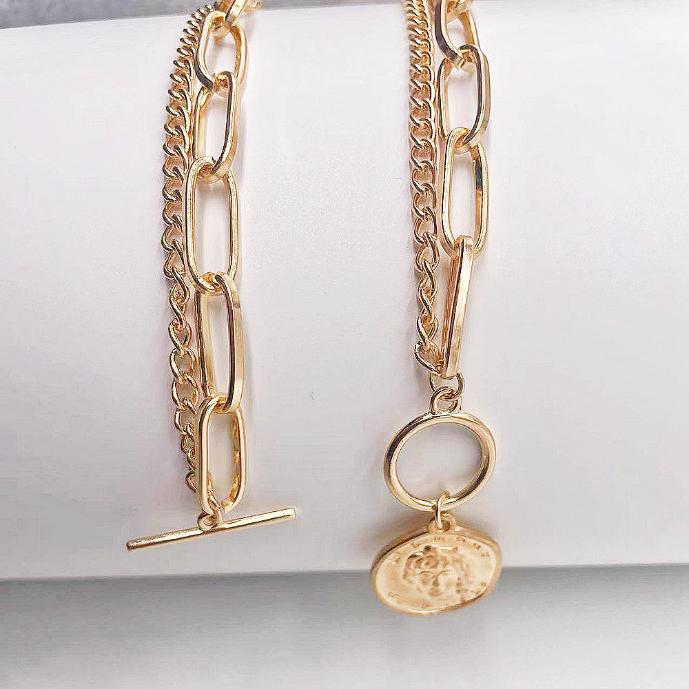 Double Layer Stacked Women Necklace Circular Pendant