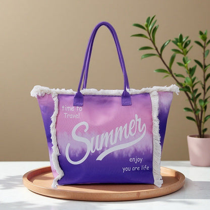 Fringe Tote Bag – Large Shoulder Printed Canvas Purse, Gradient Letter Hobo, Minimalist Commuter Bag
