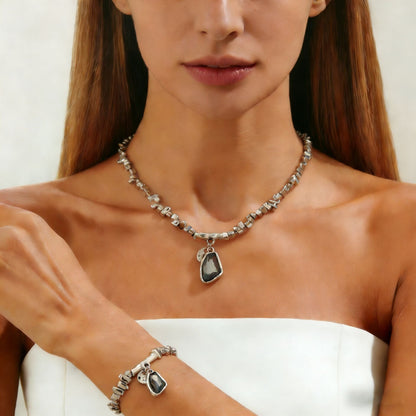 Luxury Irregular Acrylic Black Diamond Pendant Necklace & Bracelet Set Women Autumn Winter