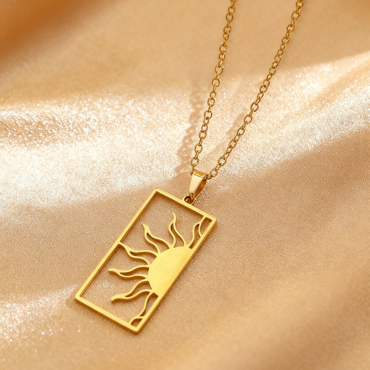 18K Gold Plated Sun Moon Hollow Geometric Square Pendant Stainless Steel Necklace