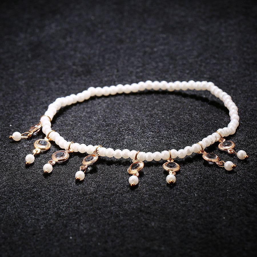 Summer Pearl Beaded Anklets Boho Crystal Tassel Ankle Bracelets