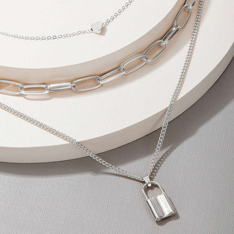 Multi Layered Thick Chain Love Lock Pendant Choker Necklace