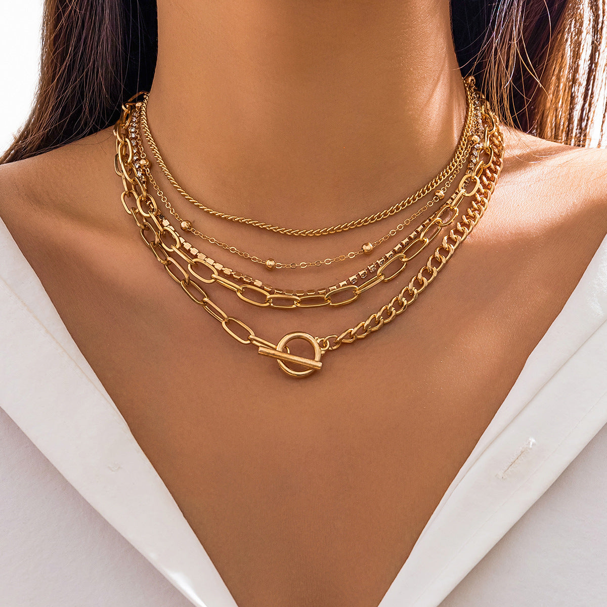 Thin Chain Layered Rhinestone Chain Bracelet Set