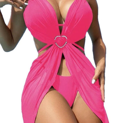 Solid Color Hollow Out Halter Bikini Three Pieces Swimsuit Women's Bikini Swimwear