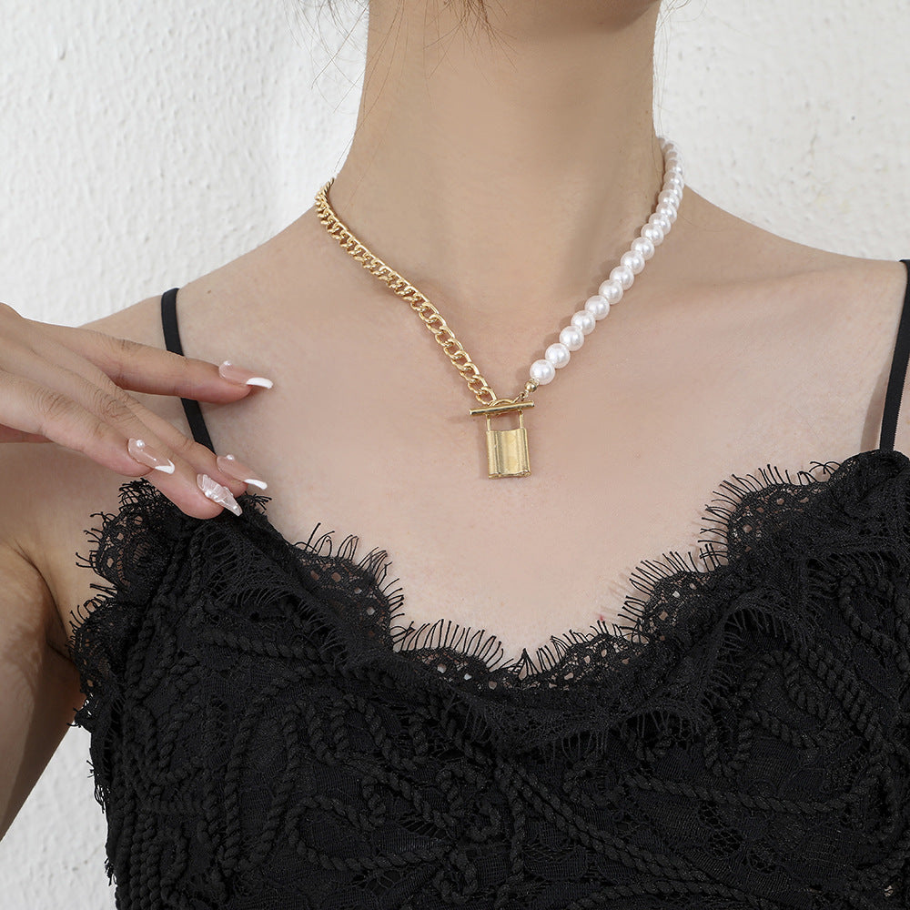 Pearl Chain Bead Link Lock Pendant Necklace