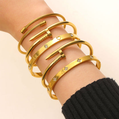 Stainless Steel Gold Bangle Set Zircon Inlaid Nail & Lucky Four Leaf Clover Bangles