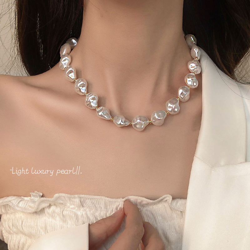 Irregular Baroque Pearl Beaded Necklace for Women Gold Pleated OT Clasp Choker