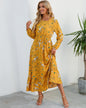 Spring and Autumn floral chiffon dress waist thin long sleeve round neck long printed skirt