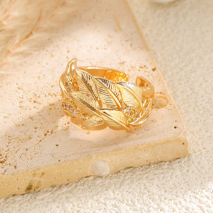 Luxury Leaf Texture Copper Inlaid Zircon Ring Gold Two-Tone Open Ring
