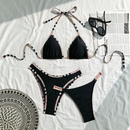 Plaid Trim Black Bikini Three Piece Swimsuit Separate Set Bikini Swimsuit Three Piece