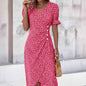 Slim-fit Women's Geometric Collage Bubble Sleeves Irregular hem Dress Sub Female Split Dress Summer Floral dress