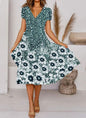 V Neck Bohemian Print Short Sleeve Dress - Flowy Casual Summer Dress with Elastic Waist